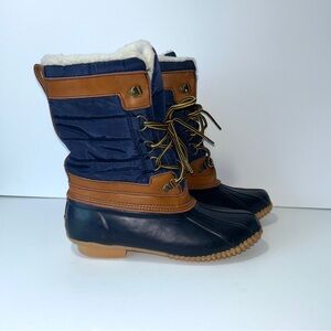 Lands' End Duck Boots Women's 7.5 Sherpa Lined Navy‎ Camel Waterproof Lace Up